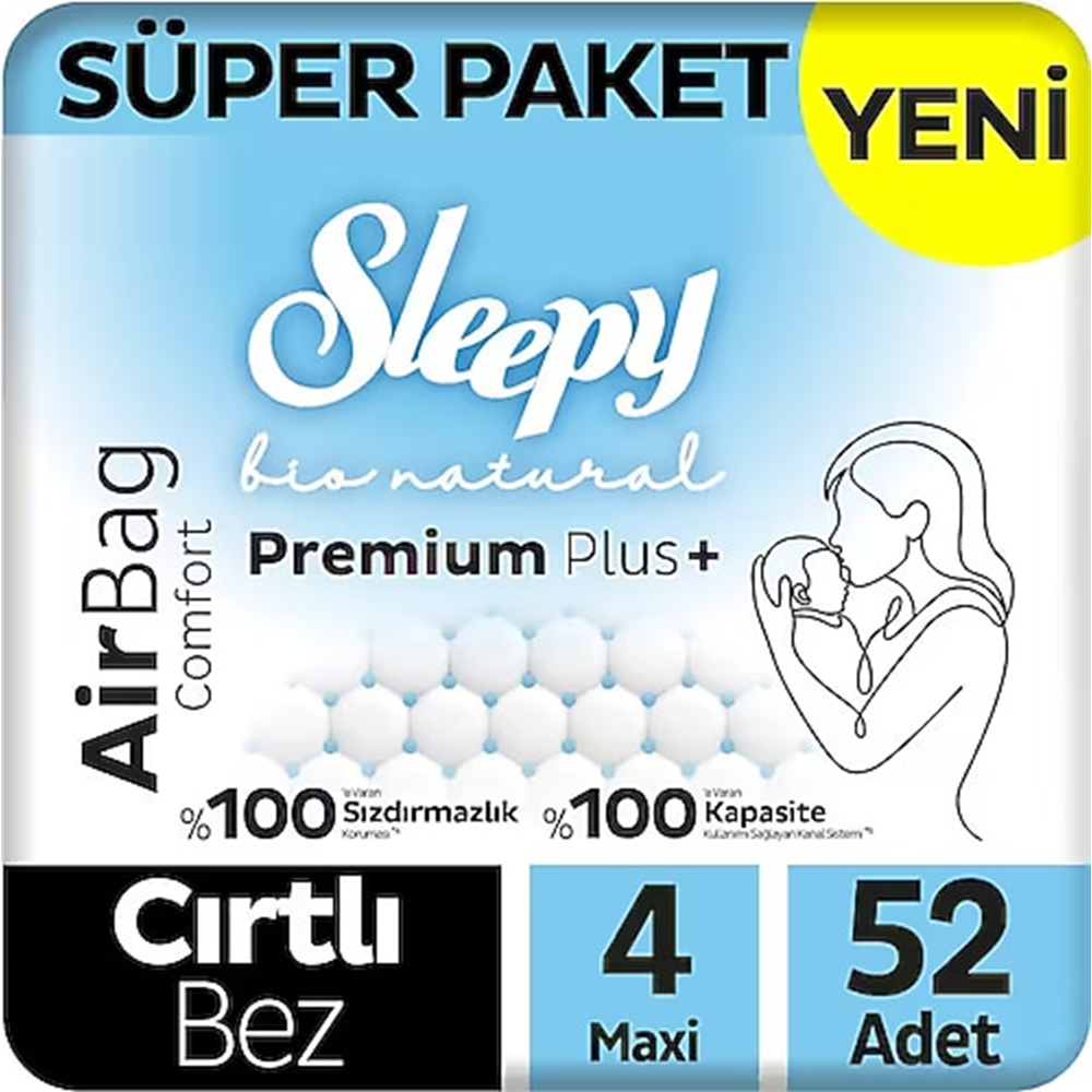 Sleepy Bio Natural Premium Plus Airbag Comfort 4 Numara Maxi 52'li Bebek Bezi
