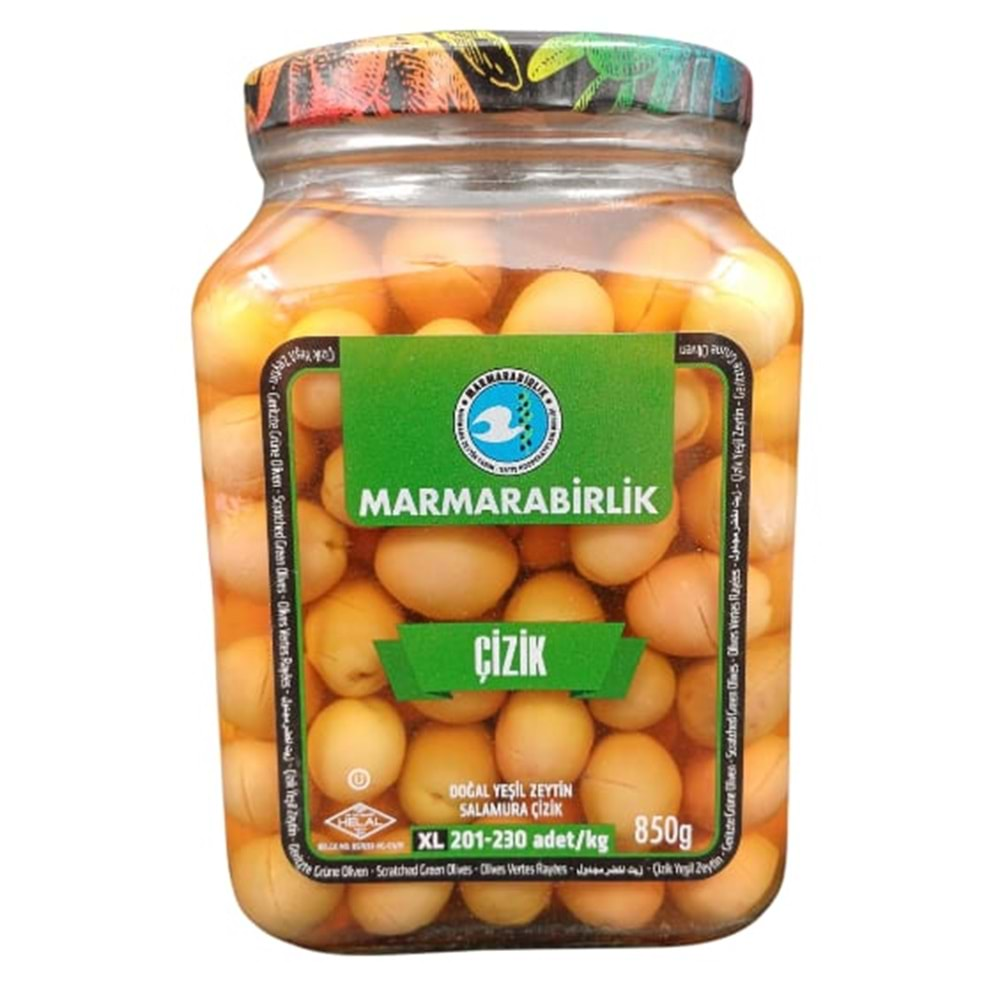 Marmara Birlik Yeşil Zeytin Doğal Çizik Salamura (XL) 850 G