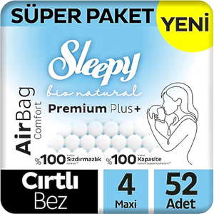 Sleepy Bio Natural Premium Plus Airbag Comfort 4 Numara Maxi 52'li Bebek Bezi