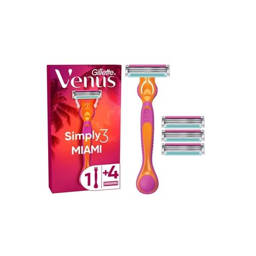 Gillette Venus Simply Venus 3 Miami Tıraş Makinesi Gövdesi + 4 Bıçak