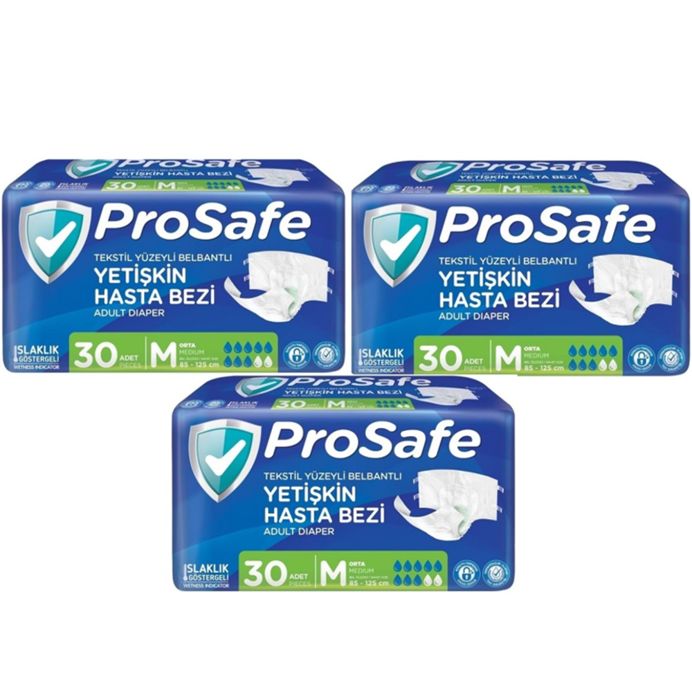 Prosafe 3 Paket 30'lu M-Orta Boy Bel Bantlı Tekstil Yüzey Yetişkin Hasta Bezi