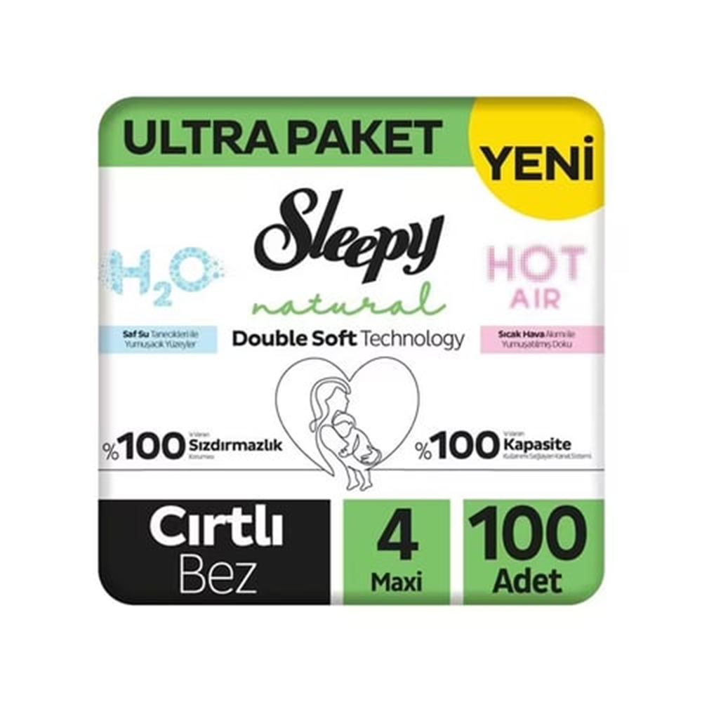 Sleepy Natural Double Soft Ultra Paket Bebek Bezi 4 Numara Maxi 100 Adet
