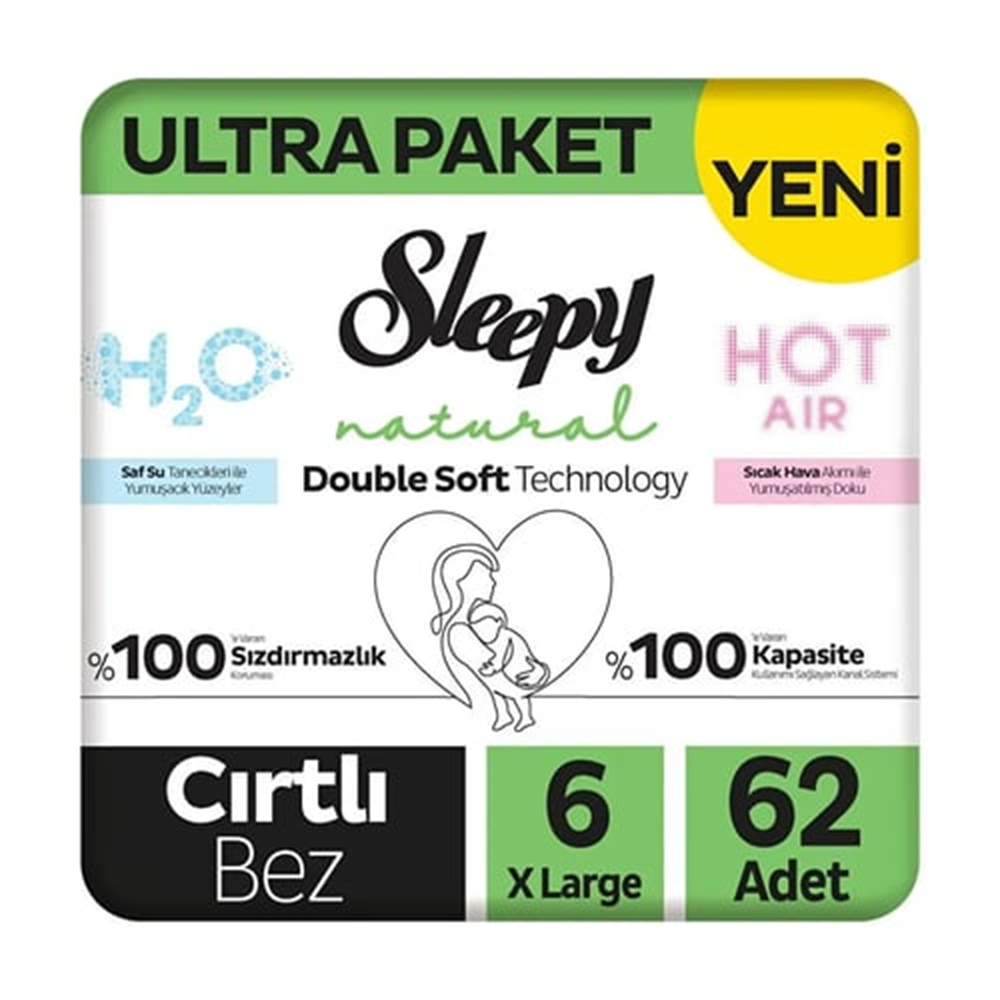 Sleepy Natural Double Soft Ultra Paket Bebek Bezi 6 Numara X Large 62 Adet